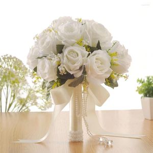 Flores decorativas buquê de casamento noiva dama de honra flor artificial de seda rosas brancas segurando festa de casamento decoração para casa