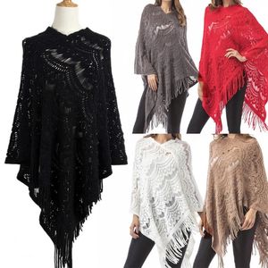 Scarve Hollow Out Crochet Sweater Cape Pullover Knit Shawl Scarf Tassel Poncho 231204