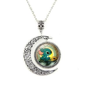 Vintage Turtle Time Gem Stitch Necklace Sterling Silver Moon Pendant Charm Crescent Necklace Cartoon Jewelry Gift