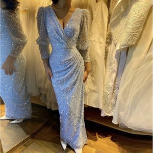 Sparkly Sequin Bead Evening Dresses V Neck Long Sleeve Sheath Evening Party Gown Ankle Length Arabic Dubai Womens Maxi Dress