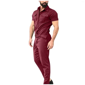 Herrspårarnas stand-up krage enkelbröst jumpsuit med framåtficka design sommaren kortärmad bälte fast färg arbetskläder kostym