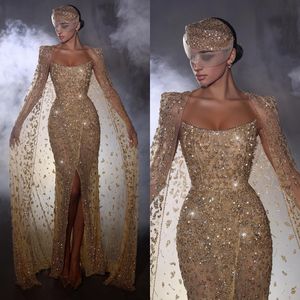 Elegant Gold Mermaid Evening Dresses with Cape Sequins Beads Strapless Party Prom Dress Front Split Formal Long Red Carpet Dress for special occasion