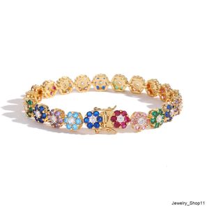 Pulseira boêmia cheia de ouro arco-íris cz flor gelada diamante floral tênis corrente pulseira feminina moda hiphop joias