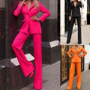 Kvinnors tvådelade byxbyxor Solid Blazer Straight Pants Suit Set 2 Bright Color Office Outfits för Lady Ropa de Mujer 231204