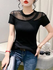 Mulheres Camisetas Winsleter Mulheres Sexy Hollow Out Lace Frisado Slim Malha Top Verão Roupas Europeias O Pescoço T-shirt Mangas Curtas Básico