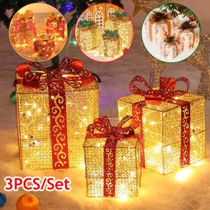 クリスマスの装飾1 3pcs光る装飾ギフトボックス飾り照明屋外の光クリスマスツリー装飾231204