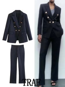 Calças femininas de duas peças TRAF-Blazer Croise a Rayures pour Femme Ensemble 2 peças Veste Manteau Pantalon Long Slim Decontracte a la Mode 231205