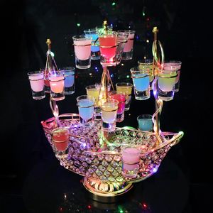 Portabottiglie a LED ricaricabile a forma di barca Portabicchieri da cocktail a 24 fori Supporto per bicchieri da liquore per servizio VIP Decorazione per bicchieri da vino