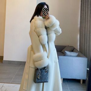 Pele feminina faux fur furyoume inverno mulheres x-long cashmere lã mistura casaco de pele real jaqueta de luxo cinto natural fox fur colarinho punhos streetwear 231204