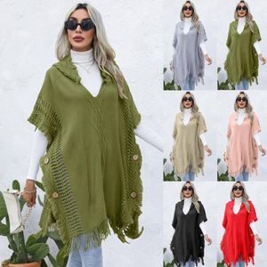 Women's Sweaters Vest Cloak Top Coat Casual Loose Fitting V Tie Hat Pullover Medium Length Sweater Cape Shawl With Tassel Decoration