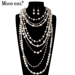 Perlenketten MOON GIRL Mehrschichtige künstliche Perlenkette Lange trendige Statement-Halskette für Damen Modeschmuck 221102298P