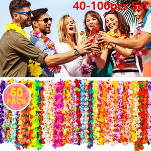 Ghirlande di fiori decorativi 40100 pezzi Corona hawaiana Decorazione per feste Ghirlanda Collana artificiale Hawaii Spring Beach Leis Bracciale 231205
