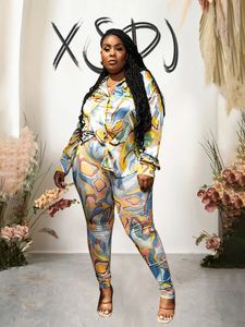 Womens Two Piece Pants Plus Size Matching Set Spring Print Shirt Top and Set for Women Streetwear Fashion Suest Wholesale Drop 231204