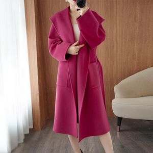 2023 autumn and winter new double-faced wool coat women's Korean version hooded loose thin solid color lace-up woolen jacket