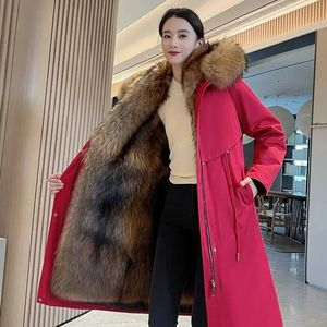 Feminino couro falso longo casaco de pele jaqueta de inverno feminino guaxinim forrado parka engrossado quente solto outerwear com capuz 231205