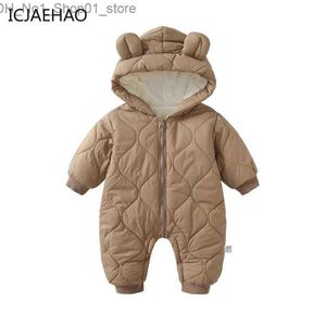 Down Coat Bodysuit Jackets for Newborns Baby Clothes Rompers Winter Kids Hoodied Zip-Up Cotton-Padded Coats Children Jumpsuit 0-24 Months Q231205