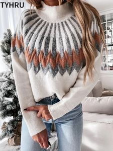 Damenpullover TYHRU Herbst Winter Casual Pullover Highneck Stricken Langarm Kontrastfarbe Lose Tops Pullover weicher warmer Pullover 231204