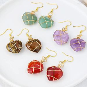 Dangle Brincos Reiki Pedra Natural Gota Fio Envolto Coração Pingente Ágata Vermelha Rosa Quartzo Roxo Cristal Para Mulheres Jóias