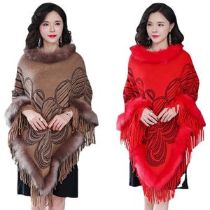 Sciarpe 2023 Inverno Caldo pelliccia rossa Mantelle mantello Poncho per le donne Scialli oversize Avvolge Cashmere Pashmina Nappa femminile Mujer 231204