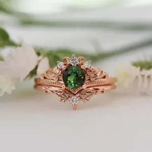 Cluster Rings 2024 Trend Emerald Zircon Ring With 14K Rose Gold Color Pink Crystal Green Engagement For Men Women