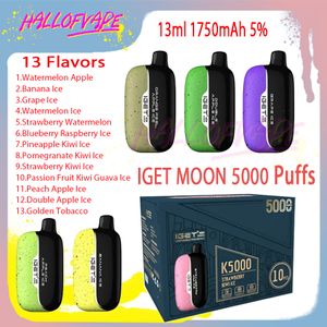 Oryginalny IGET Moon 5000 Puff Ujeżdżalne Pen Vape 13 ml 1,35 Ohm Cewka z siatki 5% Poziom 1750 mAh Biegłą 13 smak