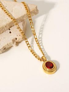 Colares Pingente Dainty18k Banhado A Ouro Figaro Cadeia Jóias Vermelho Cubic Zirconia Oval Colar De Aço Inoxidável Para As Mulheres