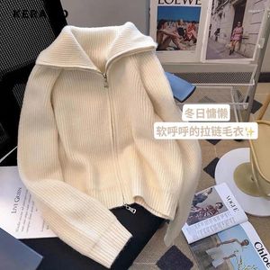 Women's Knits 2023 Autumn Winter Knitting Long Sleeve Casual Zipper Cardigans Coat Women Solid Color Turn Down Collar Ladies Sweater Jacket