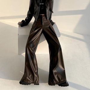 Women's Pants QOERLIN High Waist Women Pockets Straight Leg Jeans Leather PU Loose Casual Trousers Female 2024 Zipper Office