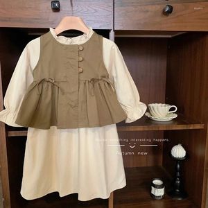 Conjuntos de roupas meninas vestido vintage 2023 outono colete branco coreano crianças menina sólida crianças roupas