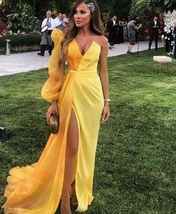 Evening Dresses Gold Plus Size Prom Gown Party Mermaid Trumpet Formal Custom Zipper Lace Up New Elastic Satin Long Sleeve One-Shoulder Split Organza Pleat