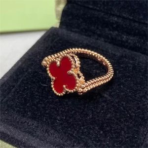 18k ouro luxo trevo marca designer anéis para mulheres meninas agradável girar dupla face pedra vermelha trevos de diamante flor laser amor anel anillos jóias de casamento