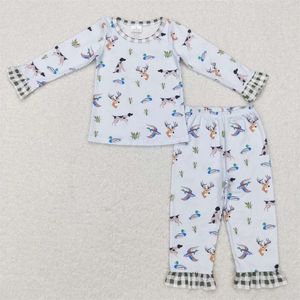 Completi di abbigliamento all'ingrosso boutique occidentali abiti per neonati vestiti per ragazze Duck Dog Deer plaid pizzo azzurro manica lunga pantalone 231204