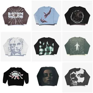 Women's Sweaters Woman Clothes Vintage O-neck Knitwear Y2K Portrait Printing Pullover Winter Haruku Oversized Sweater Aesthetic