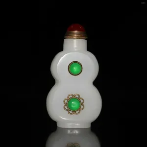 Bottles Chinese Glass Snuff Bottle Inlaid With Green Jade Gourd Shaped Jars And Lids