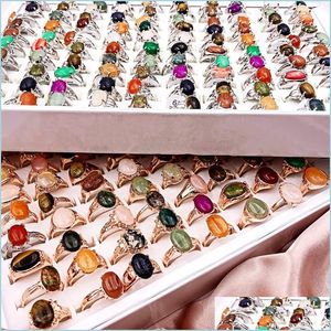 Band Rings Retro 30Pcs/Lot Natural Gem Stone Band Rings Newest Beautif Bohemia Style Mixed Golden Siery Lovers Charm Jewelry Fashion W Dh8Yg
