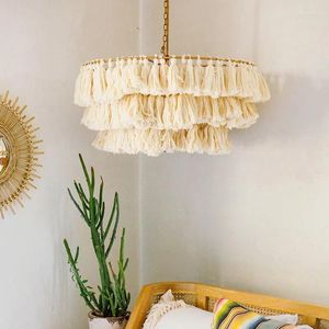 Pendant Lamps Internet Celebrity Bohemian Style Chandelier Design Ins Bedroom Romantic Nordic Pink Tassel Woven Lamp Led Lights