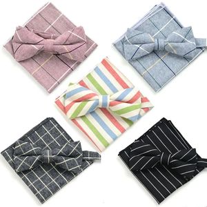 Bow Ties Men's plaid cotton bow tie pocket scarf Korean fashion dress wedding host English suit 231204