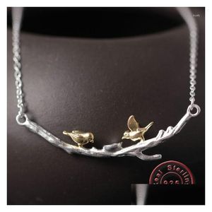 Pendant Necklaces Pendant Necklaces Amxiu 925 Sterling Sier Double Birds Necklace Handmade Two Tones Color Branch For Women Girls Acce Dhwoi