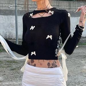 Kvinnors T-skjortor Kawaii Multi Bow Patchwork Hollow Out Contrast Ribbons LACE-UP CRoped Top Black Coquette Sexig Cut Slim Waffle T-shirt Chic