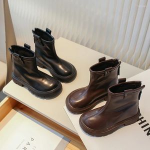 Boots 2023 Girls Short Solid Color Black Back Zipper Fashion Children Leather Britain Style Kids Non-slip Simple