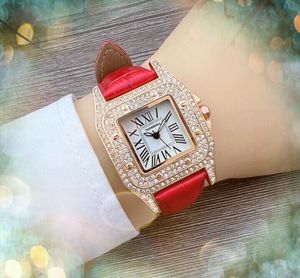 Populär Squar Roman Tank Dial Watches 32mm Full Diamonds Ring Leather Belt Clock Quartz Movement Women Vintage Rose Gold Silver Case Chain Armband Small Size Watch