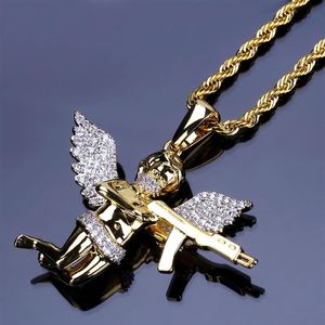 Män full isad strasshalsband auniquestyle cupid ängelhänge hiphop kubansk kedja halsband guld smycken för manlig mikro pave252z