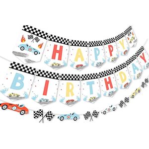 Andra evenemangsfestleveranser Vintage Race Car Birthday Decorations Happy Banner Racing Garland Let's Go Decor for Boys 231205