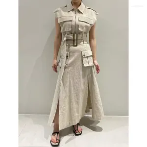 Arbetsklänningar 2023 Summer Women Suits Zipper ärmlös jacka väst hög midja snörning split ficka mid-kalv kjol elegant kostym x028