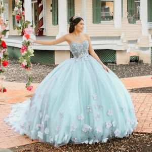 Messicano Aqua Blu Lucido Abito Quinceanera Abito di Sfera Paillettes Perline Applicazioni di Pizzo Corsetto Fiore Dolce 16 Vestido De 15 Anos