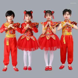 Abbigliamento da palcoscenico Stile tradizionale cinese Ragazzo Ragazza Anno Abbigliamento Bambini Costumi di danza popolare rossa Festa Festival Hanfu