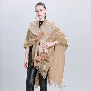 Scarves 4 Color Autumn Criss Cross Cloak Knitted Multipurpose Poncho Cappa Women Loose Fur Ball Streetwear Striped Pompon Shawl Knitwear 231204