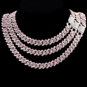 Łańcuchy Hiphop Pink Crystal 14 mm Rhombus Prong Cuban Link Naszyjnik dla kobiet Pełne kryminanie utwardzone lodowane biżuteria 2251