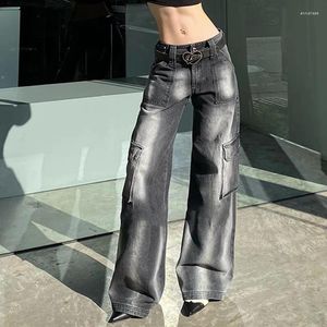 Jeans femininos estilo jeans americano gravata tingida velha 2023 primavera rua personalidade multi bolso zíper trabalho vestido chão varredura