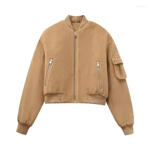 Kurtki damskie Yenkye Kobiety Taupe Brown Cropped Bomber Kurtka Długie rękawie Kieszenie Kobietowe ciepłe płaszcz